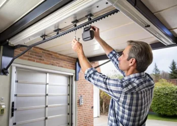 technician-installing-garage-door-opener-adjusting-motor-mechanism-with-remote-control_857340-18386